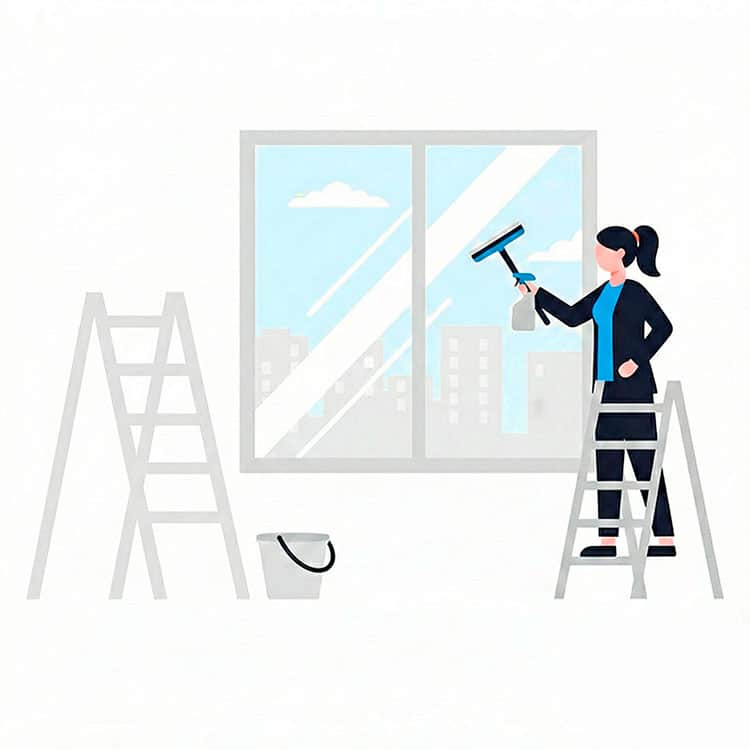 Nainen pesee ikkunoita. Hänen asiakas käytti sivustoa puhtaudella.fi selvittääkseen ikkunanpesun hinnan.