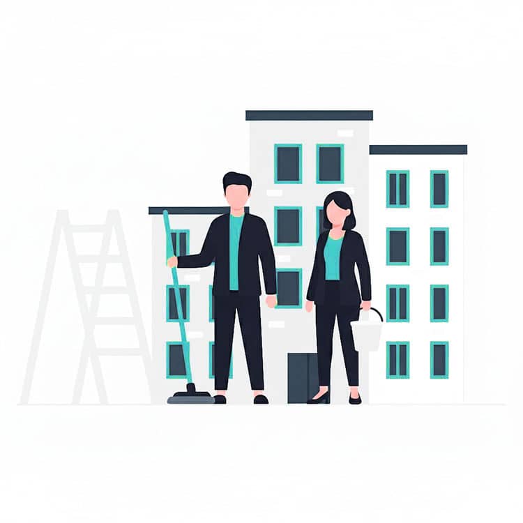 Rappusiivousta taloyhtiöille tekevä mies ja nainen seisovat kerrostalon edessä valmiina siivoamaan raput.