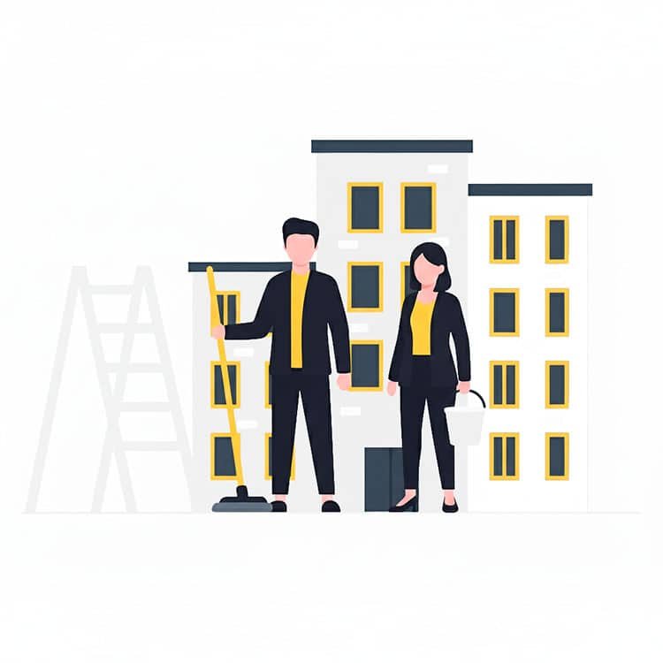 Rappusiivousta taloyhtiöille tekevä mies ja nainen seisovat kerrostalon edessä valmiina siivoamaan raput.